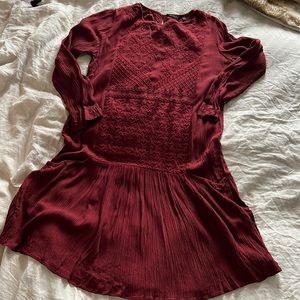 Embroidered Deep Red Massimo Dutti Drop Waist Dress